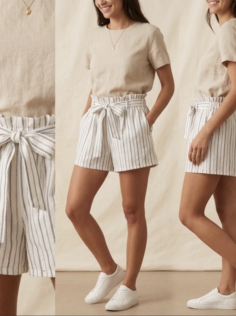High-Waist Paperbag Stripe Shorts - White/Gray
